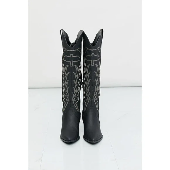 Qupid Cheyenne Nights Embroidered Knee High Cowboy Boots in Black - Picture 4 of 6
